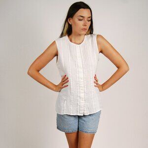 90s Tank Blouse (M) medium white vintage linen business casual office cottage